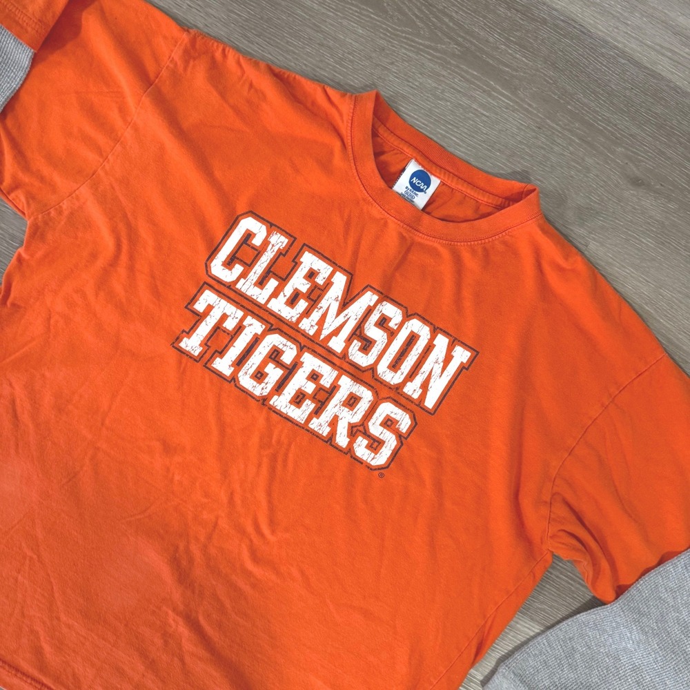 Vtg NCAA Clemson Tigers Mens XL Orange Long Sleeve Thermal Layered T-Shirt